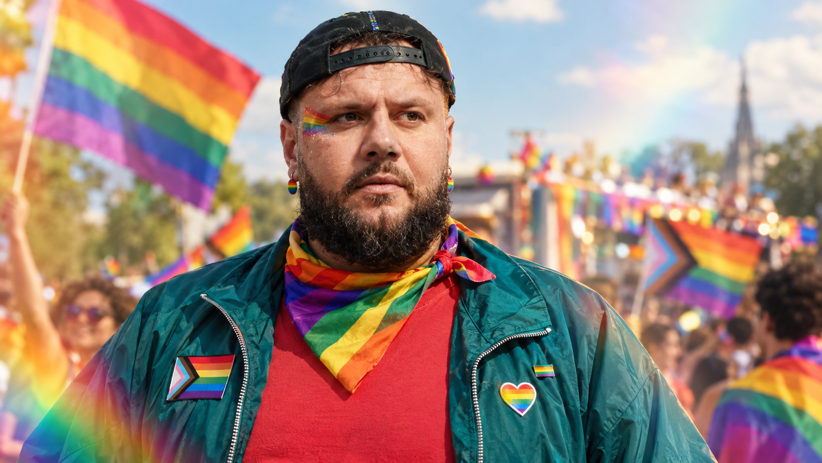 Portrait de Fred Salamenco sans masque, casquette, bandana arc-en-ciel et pin's Progress Pride